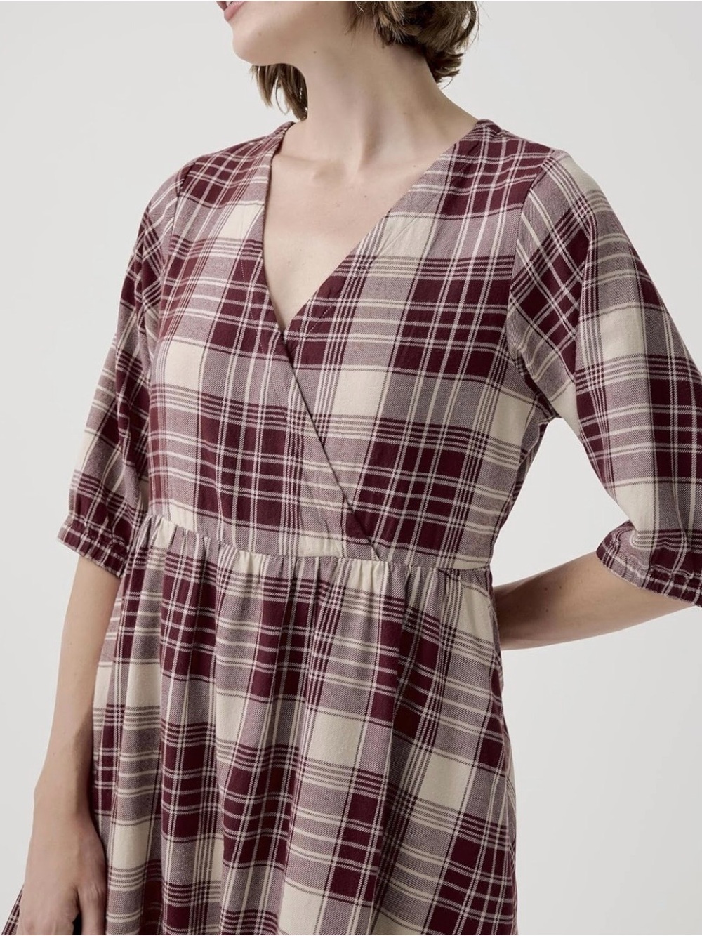 NWT Pact 100% Organic Cotton Lightweight Plaid Flannel V-Neck Midi Dress Red L - Picture 4 of 8